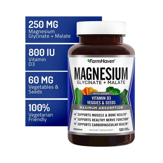 【FarmHaven】Nutrition Magnesium Glycinate & Malate Complex w/Vitamin D3, 100% Chelated for Max Absorption, Vegan – Bone Health, Nerves, Muscles, 120 Capsules, 60 Days Healthcare Supplement Fitness Edible Dietary Bathroom Optimum