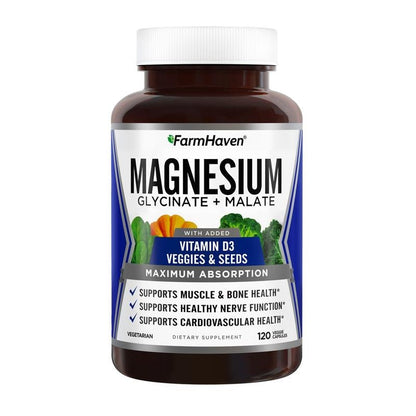 【FarmHaven】Nutrition Magnesium Glycinate & Malate Complex w/Vitamin D3, 100% Chelated for Max Absorption, Vegan – Bone Health, Nerves, Muscles, 120 Capsules, 60 Days Healthcare Supplement Fitness Edible Dietary Bathroom Optimum