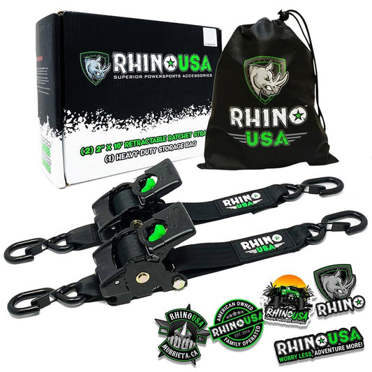 Rhino USA 2" x 10' Retractable Ratchet Straps with Self-Retracting Strap & Coated S Hooks