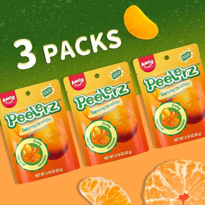 [ NEW RELEASE] (3 packs) AMOS Gummy Peel Fruity Mango and Orange Peach Banana Gummy Peelable Fruit Candy, Novel Douyin Candy, Resealable 2.54 oz Bag Snack Bonbon Sweet Soft