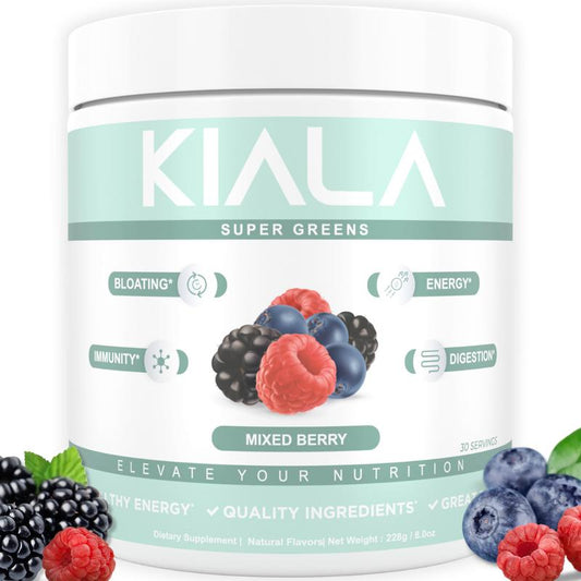 Kiala Nutrition Super Greens Powder - Digestive Health, Bloating Relief, Gut Health, Skin Care, with Spirulina (Mixed Berry), Dietary Supplement