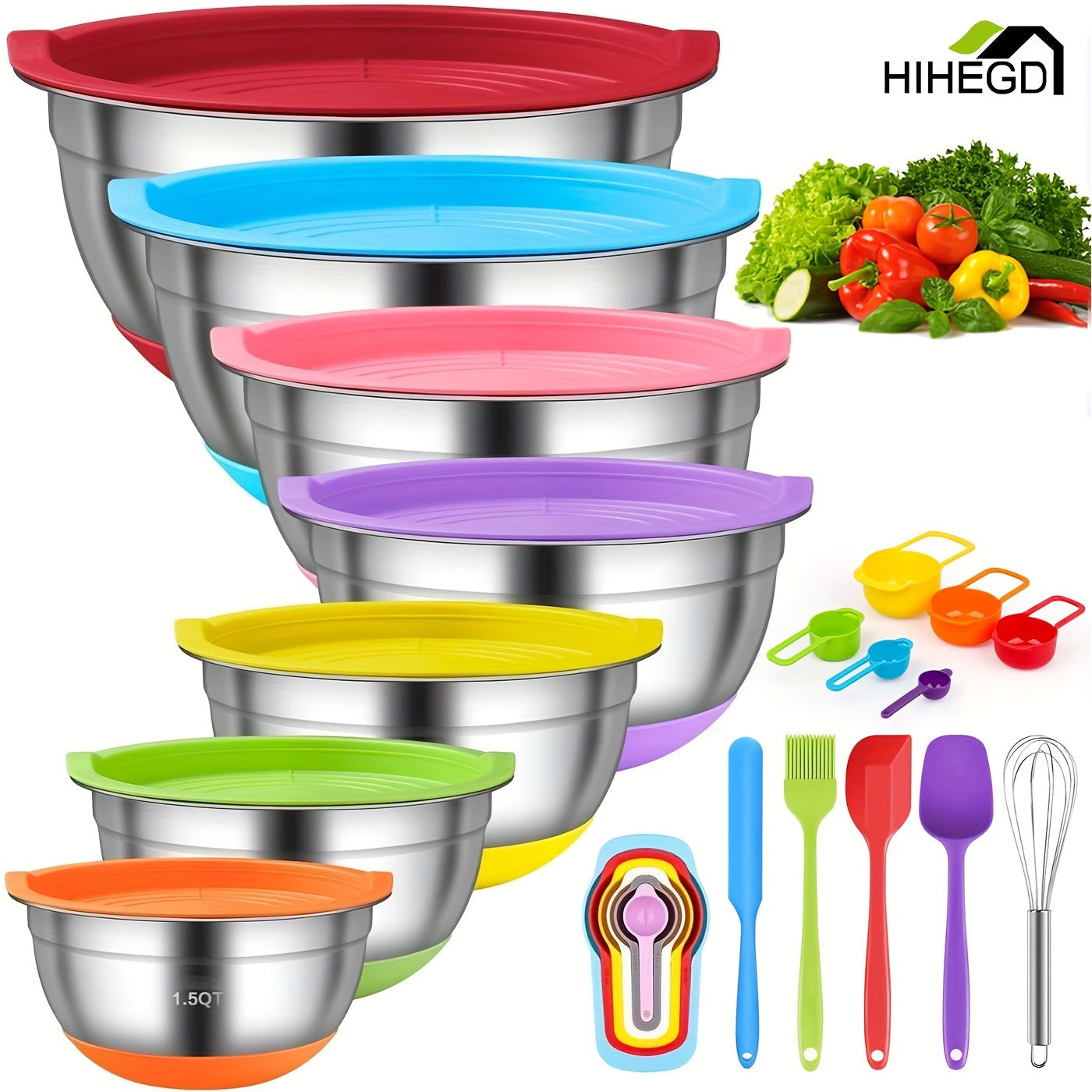 18pcs, Mixing Bowls With Airtight Lids, Stainless Steel Nesting Colorful Mixing Bowls Set With Non-slip Silicone Bottom, Size 7, 5.5, 4, 3.5, 2.5, 2, 1.5 Qt, Fit For Mixing & Serving