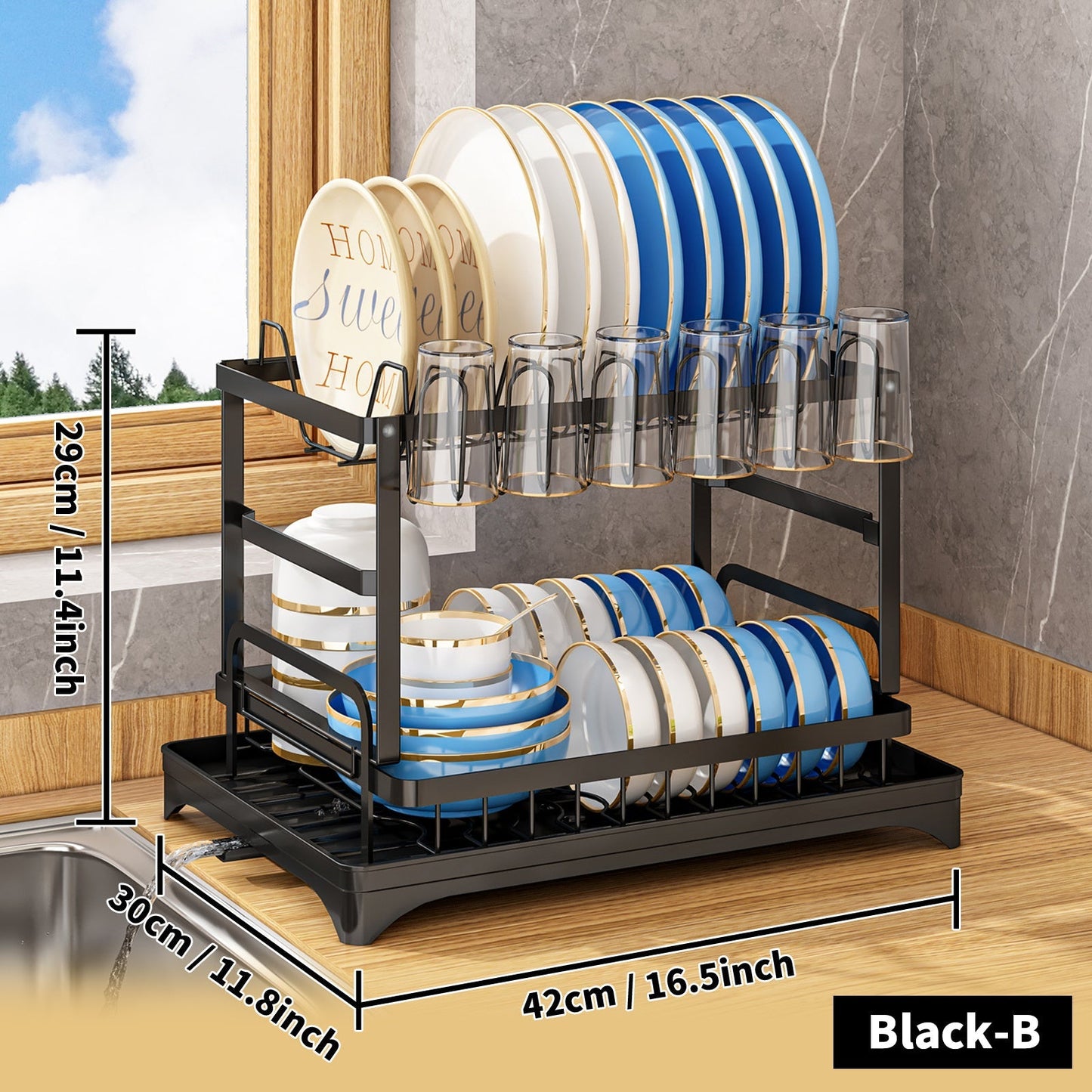 1 Set Dish Rack, 2 Tier Dish Drying Rack, Rustproof Kitchen Dish Drying Rack With Drainboard And Utensil Holder For Kitchen Countertop, Kitchen Accessories