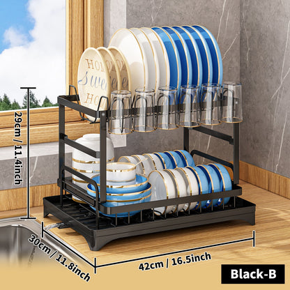 1 Set Dish Rack, 2 Tier Dish Drying Rack, Rustproof Kitchen Dish Drying Rack With Drainboard And Utensil Holder For Kitchen Countertop, Kitchen Accessories
