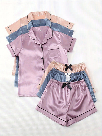3 Sets Satin Pajama Set, Short Sleeve Lapel Top & Bow Shorts, Women's Sleepwear & Loungewear