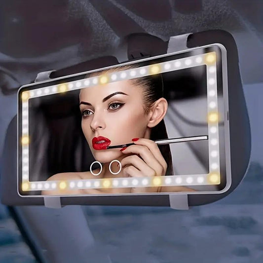 Car Sun Visor Vanity Mirror, USB Rechargeable Makeup Mirror with LED Light, Rear View Sun-shading Cosmetic Mirror with 3 Modes for Girls, Car Interior Accessories
