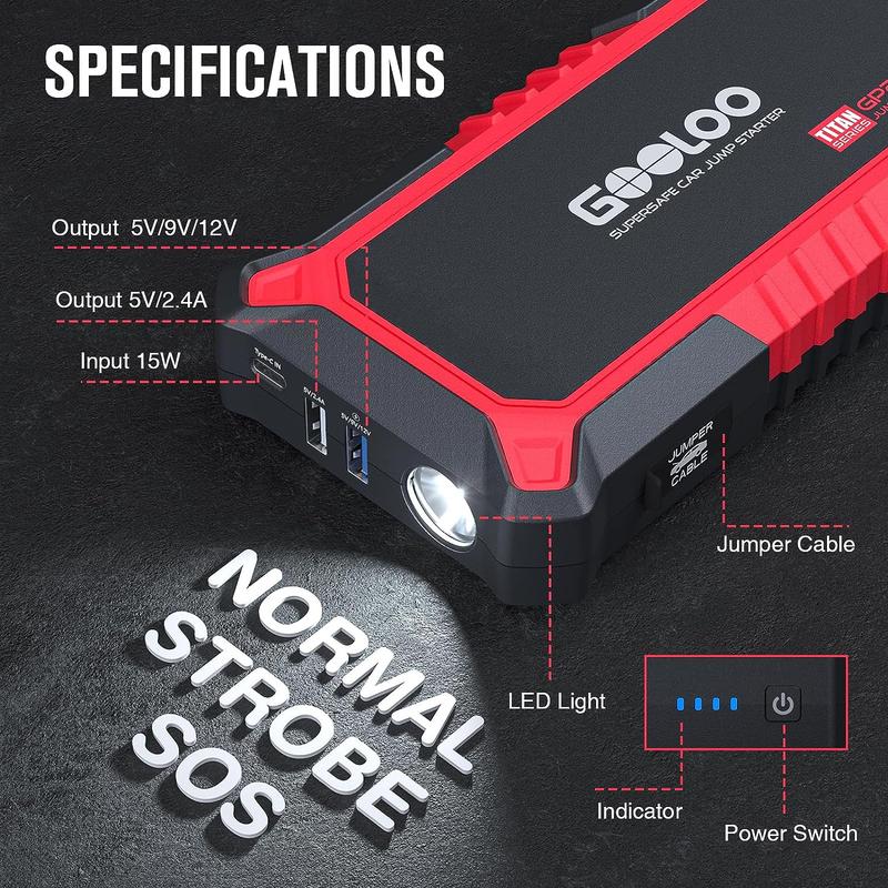 GOOLOO Jump Starter Battery Pack - RED 1500A BLACK 2000A Peak Jump Box, Water-Resistant Battery Booster for Up to 8.0L Gas or 6.0L Diesel Engine,12V SuperSafe Portable Jumper Starter with Quick Charge,Type C Port