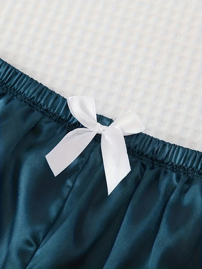 3 Sets Satin Pajamas Set, Short Sleeve Lapel Buttons Top & Bow Shorts, Women's Sleepwear & Loungewear