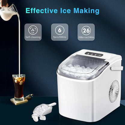 Ice Maker Machine,Ice Makers,Ice Maker Countertop,9 Cubes Ready in 6-13 Minutes,26lb/24H,Compact Machine with Scoop and Basket,White Kitchen Utensils