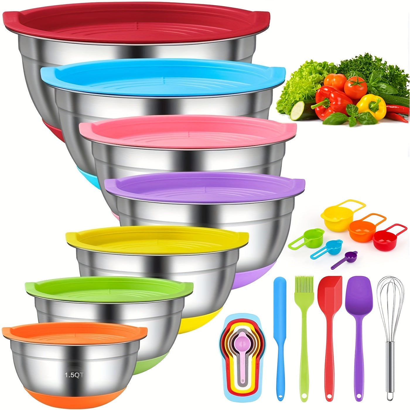 18pcs, Mixing Bowls With Airtight Lids, Stainless Steel Nesting Colorful Mixing Bowls Set With Non-slip Silicone Bottom, Size 7, 5.5, 4, 3.5, 2.5, 2, 1.5 Qt, Fit For Mixing & Serving