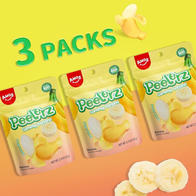 [ NEW RELEASE] (3 packs) AMOS Gummy Peel Fruity Mango and Orange Peach Banana Gummy Peelable Fruit Candy, Novel Douyin Candy, Resealable 2.54 oz Bag Snack Bonbon Sweet Soft