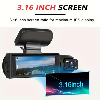 1080P Dual Camera Dash Cam For Cars With IR Night Vision, Loop Recording, And Wide Angle Lens - 3.16 Inch IPS Screen
