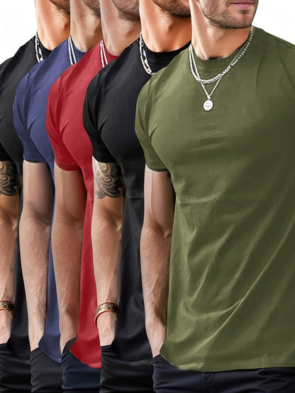 5pcs Men's Fashion Sports T-shirt, Casual Stretch Round Neck Tee Shirt For Summer