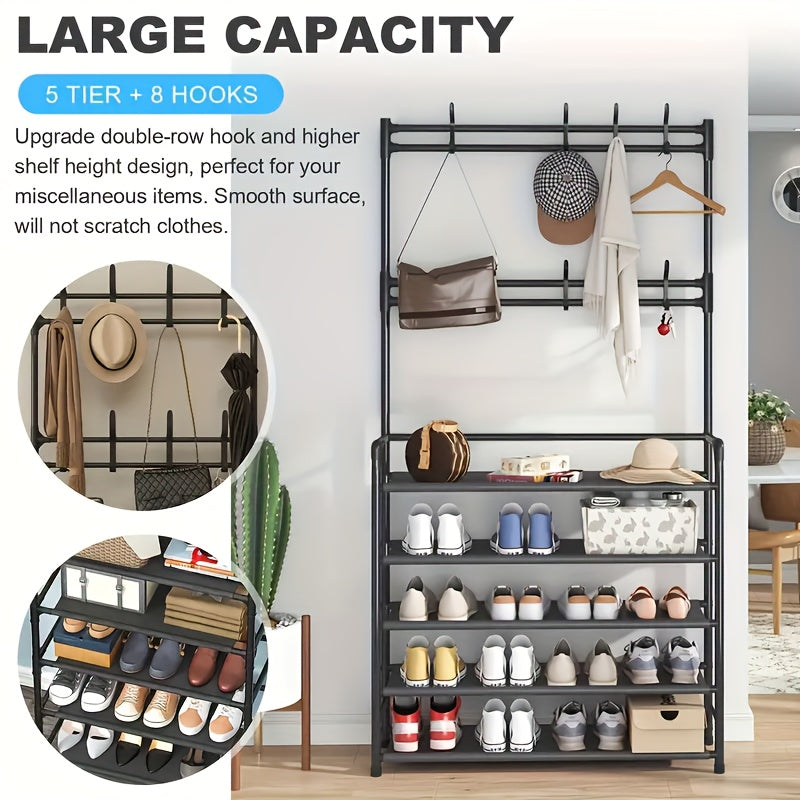 1pc 4/5 Layer 23in Carbon Steel Coat Rack, Multipurpose Coat Hanger And Shoe Shelf, Black/white, Self Assembly Required