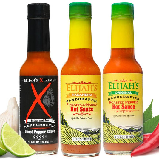 Mild & Hot Trio Hot Sauce Variety Pack: Elijah's Xtreme Pineapple Mango Habanero, Roasted Pepper and Ghost Pepper Hot Sauces, 3 Bottles Flavor Dip