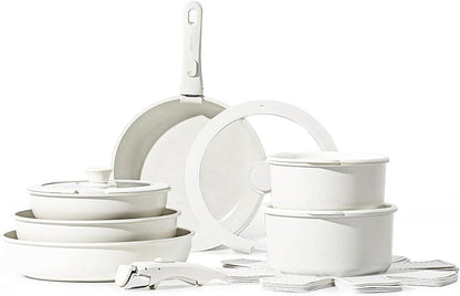 [Official] CAROTE 11pcs Removable Handle Pots and Pans Set,Cream White/Multicolor Nonstick Cookware Sets , RV Cookware Set, Oven Safe