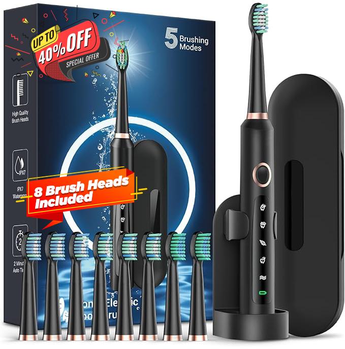 RTAUYS Sonic Electric Toothbrush for Adults - Rechargeable Electric Toothbrushes with 8 Brush Heads & Holder, Travel Case, Power Electric Toothbrush with Holder，3 Hours Charge for 120 Days