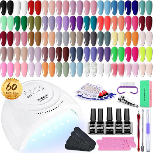 JODSONE 60 PCS Gel Nail Polish Kit with U V Light Base and Matte Glossy Top Coat Nail Gel Polish Soak off Manicure Accessory Tools Suitable for All Seasons for Mother's day gifts
