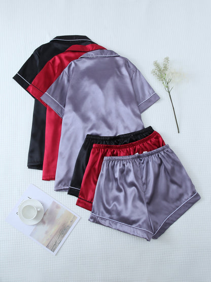 3 Sets Satin Pajama Set, Short Sleeve Lapel Top & Bow Shorts, Women's Sleepwear & Loungewear