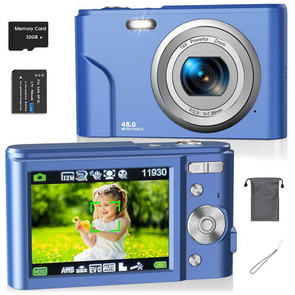 Auto Focus Digital Camera, 1 Piece Full HD 1080P/48MP Mini Digital Cameras with 32G Memory Card, Ff (F/3.2, f=7.36mm), 16x Zoom Cameras for Pictures, Digital Cameras for Teenagers Beginners, Spring Idea Gifts